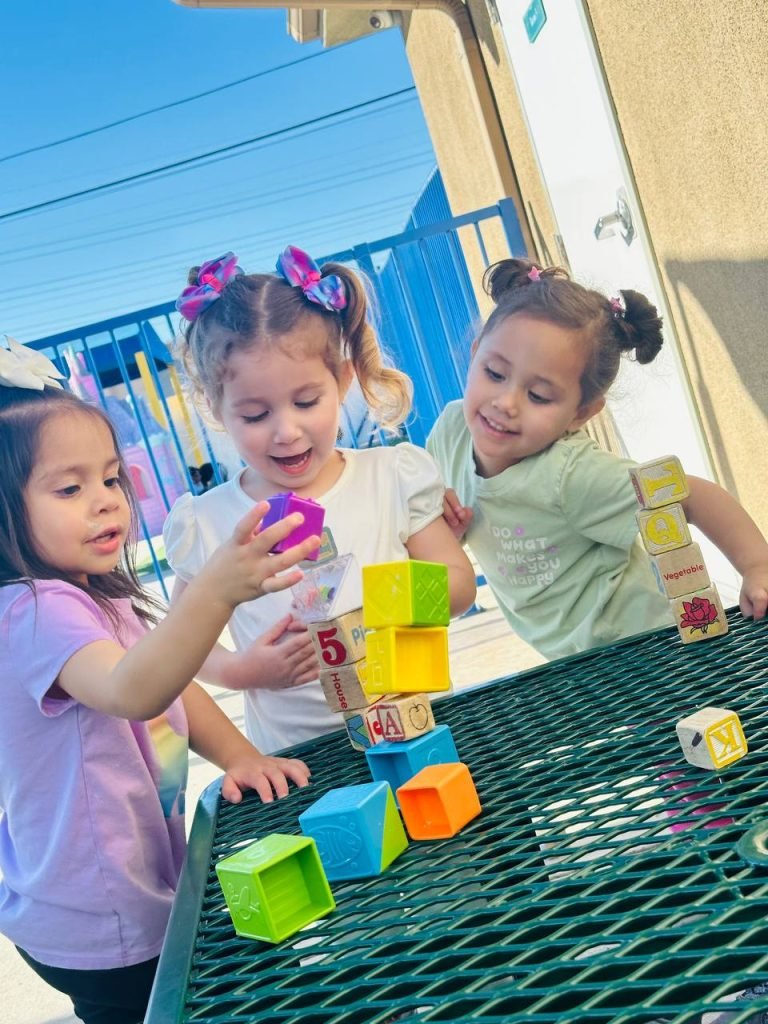 Children are playing with blocks